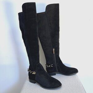 KARL LAGERFELD Black OTK Skylar Boots Suede Stretch Gold Chain Over The Knee
